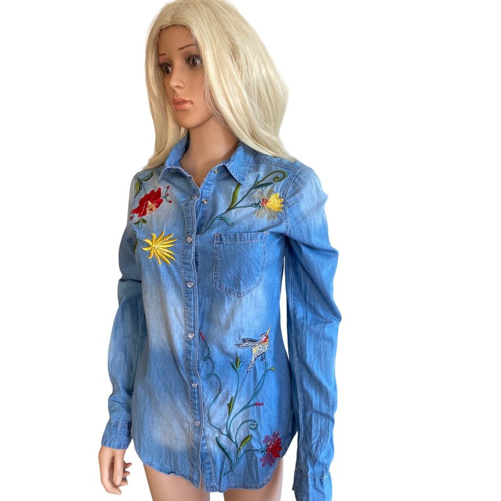 Sinclair Wear Western Denim Flower Shirt Embroidered Cotton Button Down - Picture 16 of 16